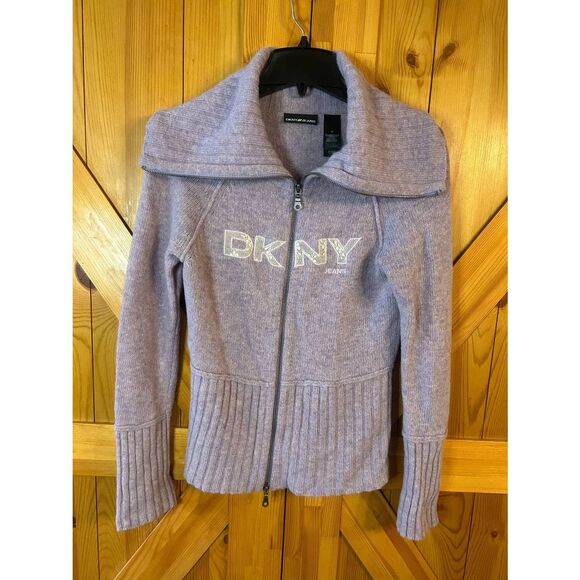 Vintage DKNY 100% Lambs Wool Zip Up Knit Sweater Purple Size Medium (5367) - Picture 1 of 5